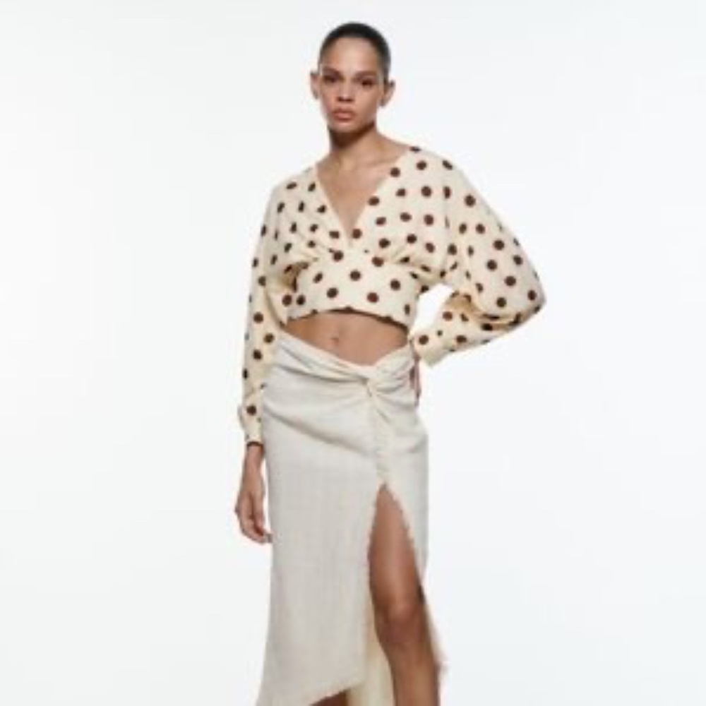Zara Cream/Brown Polka Dot Linen Blend Puff Sleeve Cropped Tie Back Blouse Sz‎ S